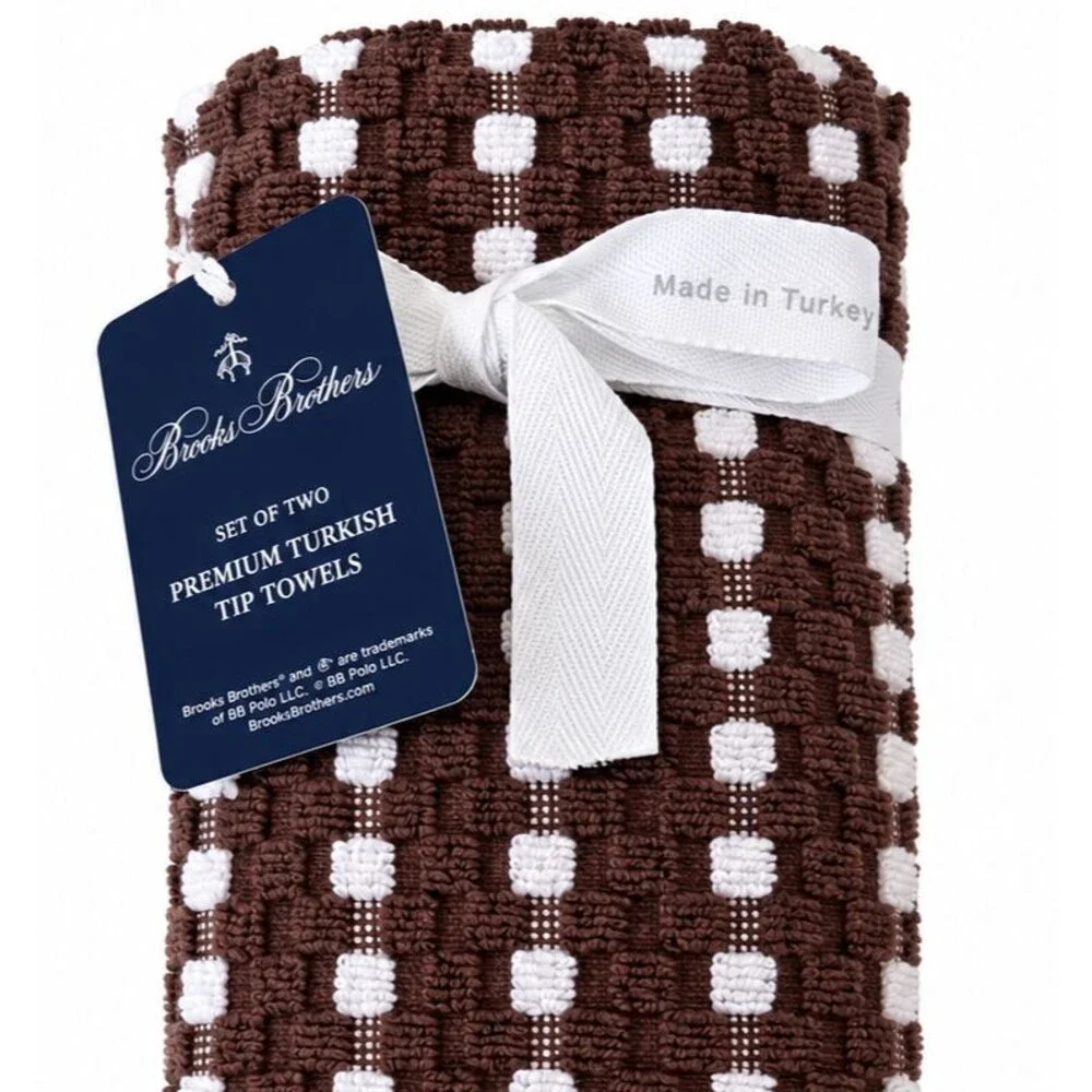 Brooks Brothers Fingertip Towels Set of 2 Brown White Turkish Cotton Raised Dot
